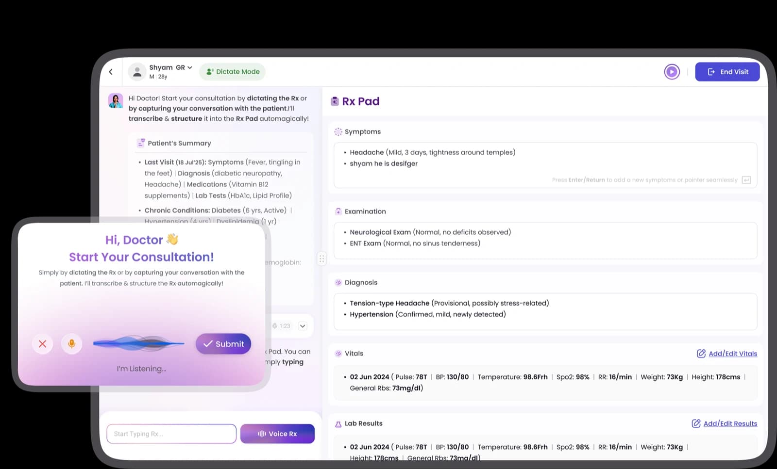 VoiceRx — dictating a prescription in the TatvaPractice EMR